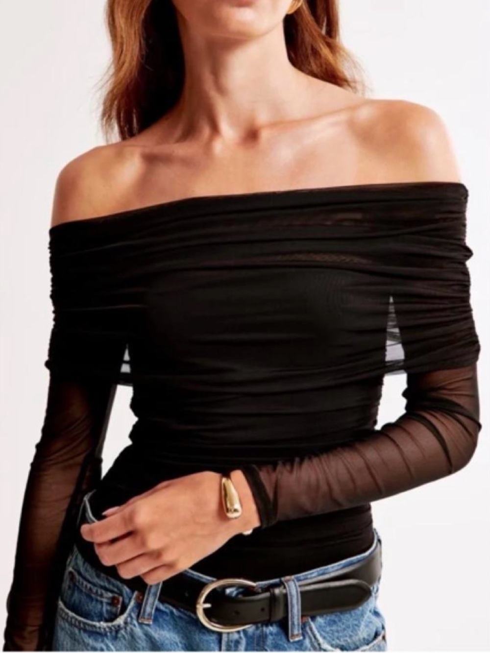 Abercrombie & Fitch Black Off-Shoulder Ruched Mesh Bodysuit